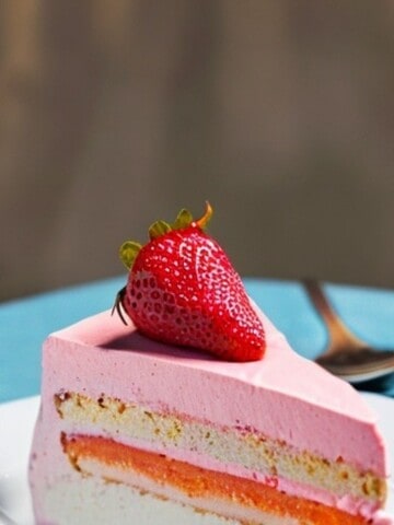 strawberry mango ice cream torte cake. a beautiful cake with red and yellow fruit.