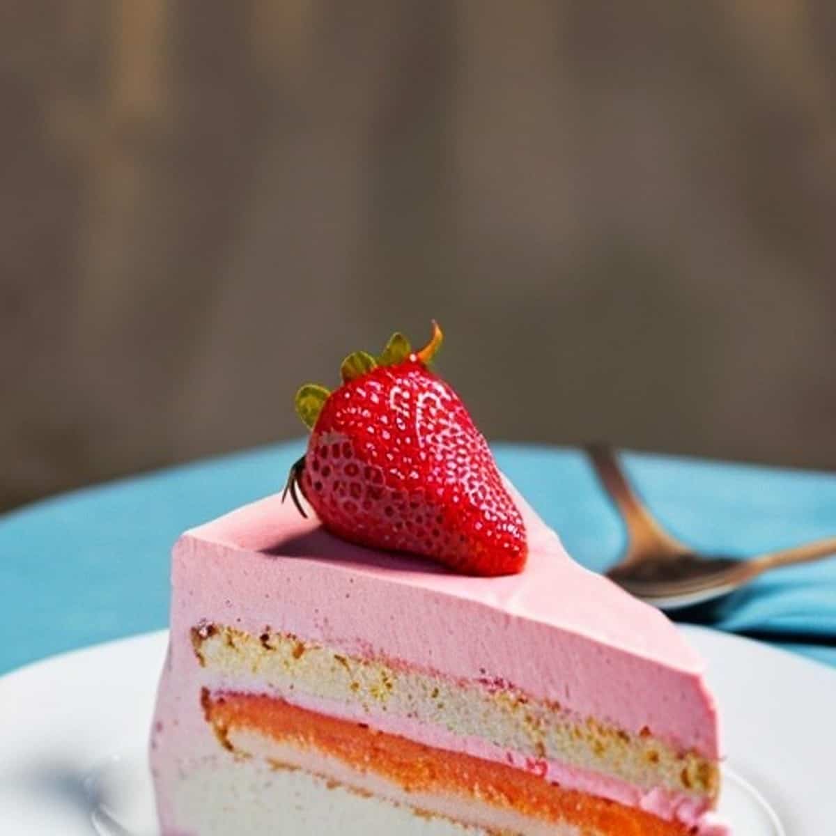 strawberry mango ice cream torte cake. a beautiful cake with red and yellow fruit. 