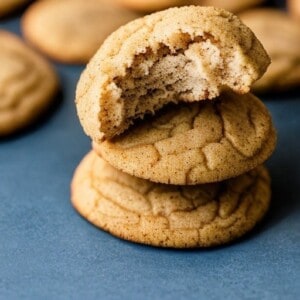 poofy soft crunchy snickerdoodle cookies. one cookie shows the interior of the cookie