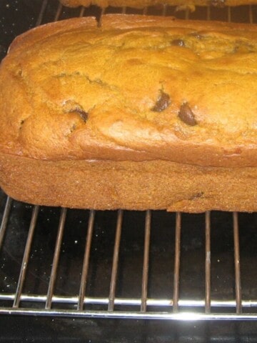 A loaf of pumpkin chocolate chip bread on a wire rack in an oven.
