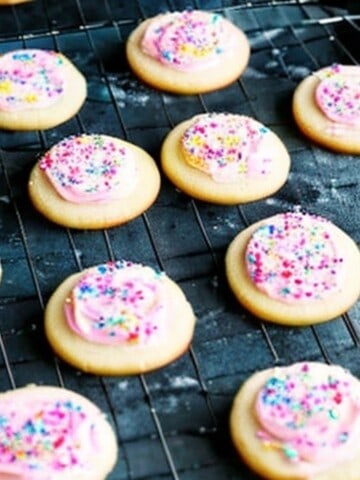low fat lofthouse cookies are sugar cookies topped with pink frosting and sprinkles.