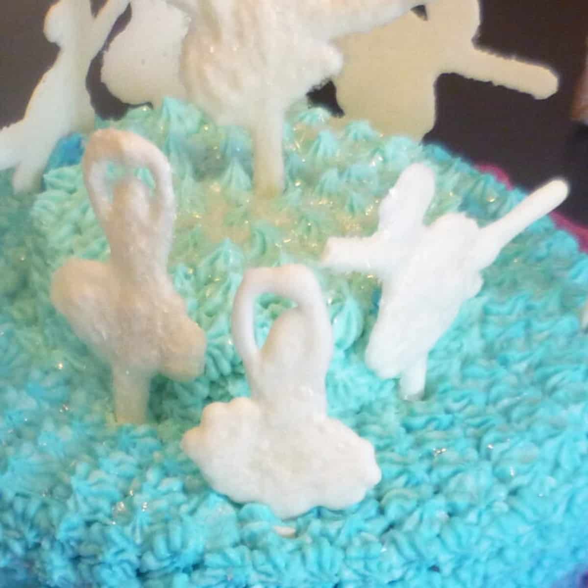 white chocolate ballerinas with edible glitter top a birthday cake. 