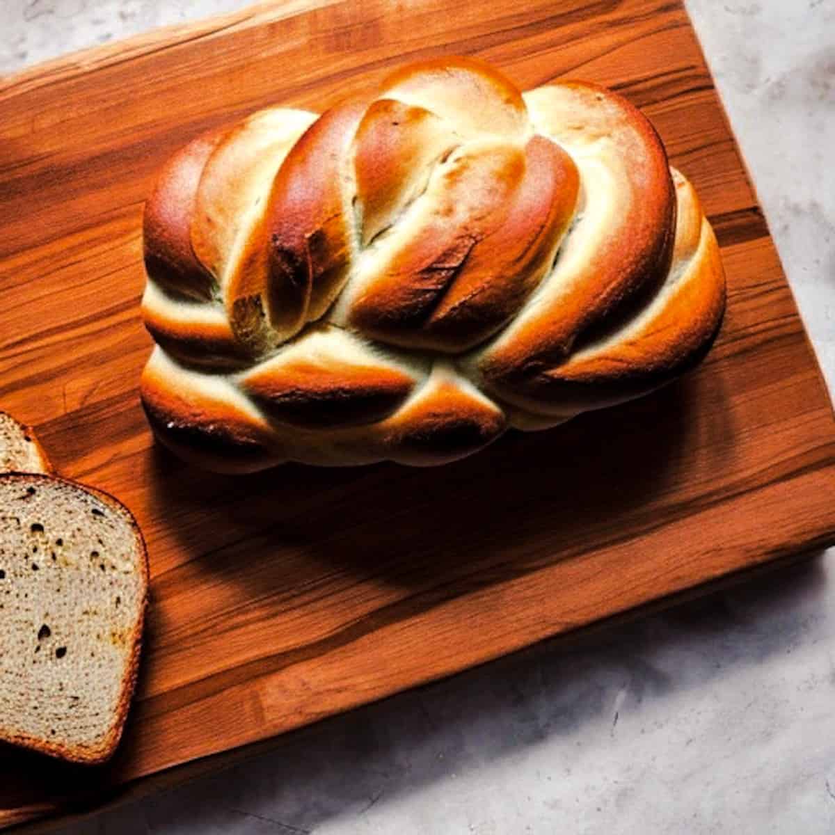 a picture of a loaf of challah bread on a bread board. a slice of bread is nearby the loaf. 