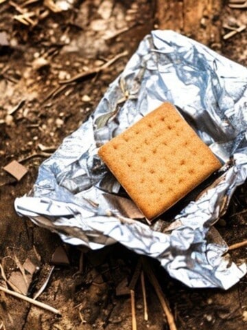 a photo of a tin foil wrapped s'more with graham crackers, chocolate and a marshmallow with wood chip background.