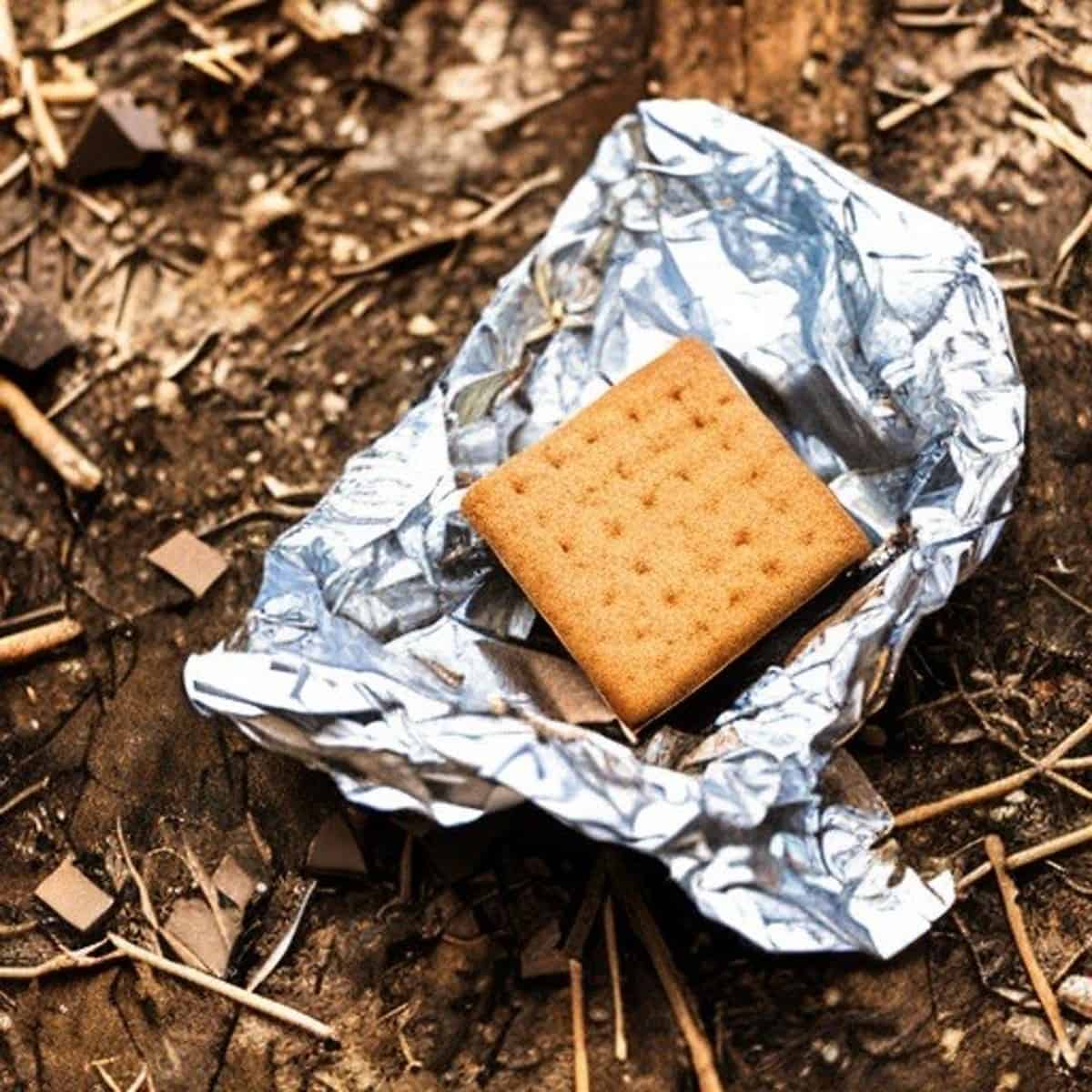 a photo of a tin foil wrapped s'more with graham crackers, chocolate and a marshmallow with wood chip background. 