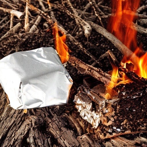 picture of a wrapped smore in tin foil being placed in the campfire. 
