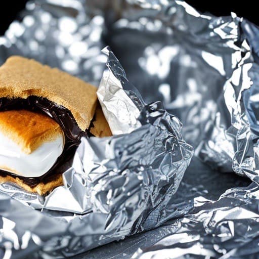 a photo of a smore freshly unwrapped from tin foil. the marshmallow is golden brown and the chocolate is melted. the graham cracker is nicely toasted.