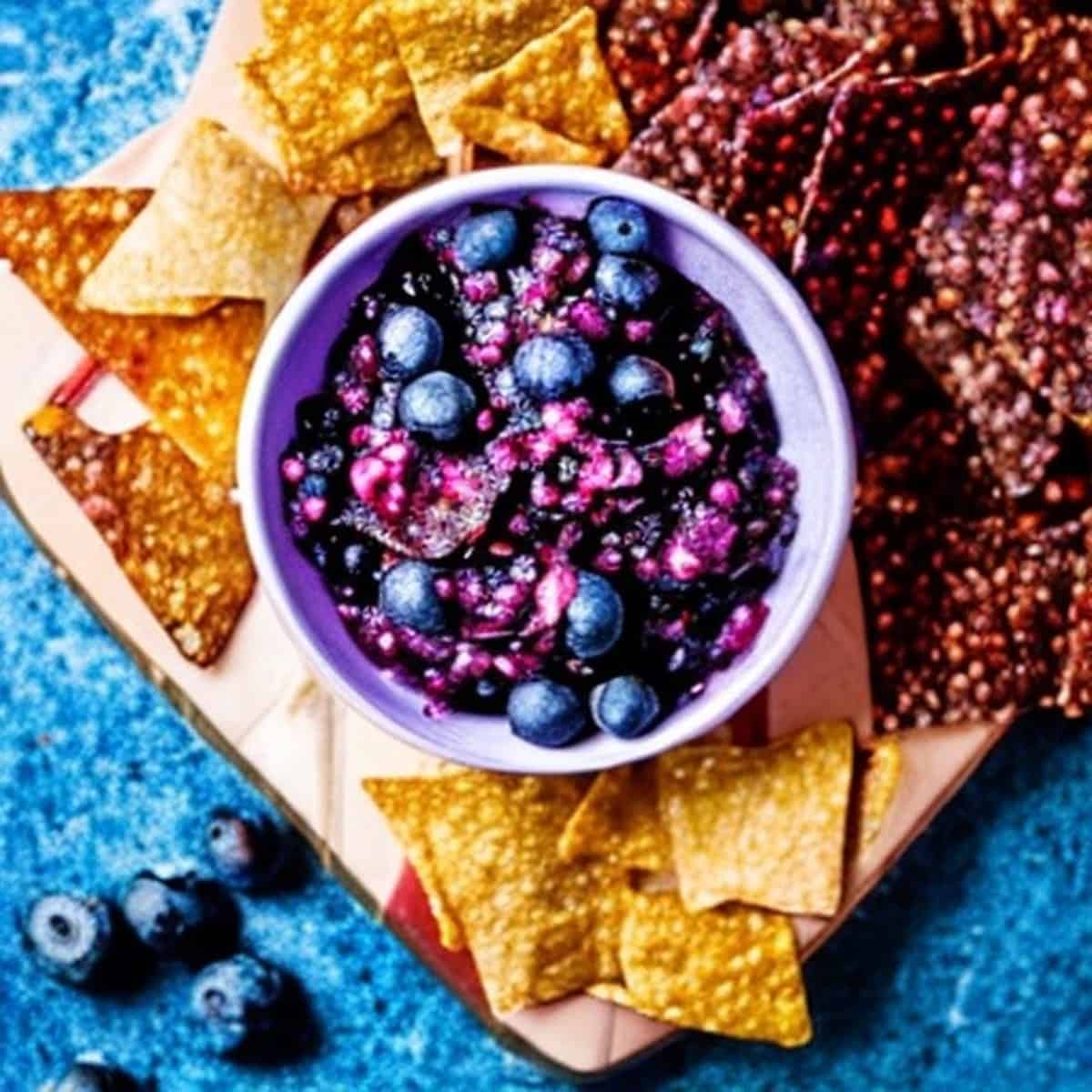 A bowl of blueberry salsa surrounded by tortilla chips. The salsa is made with blueberries, red onions, cilantro, lime juice, and jalapeños.