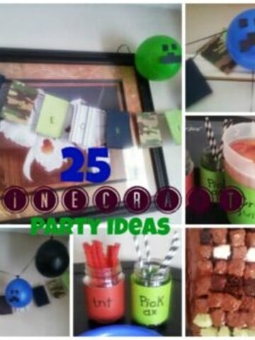 A collage of 25 Minecraft birthday party ideas. The ideas include decorations, food, and games.