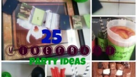 A collage of 25 Minecraft birthday party ideas. The ideas include decorations, food, and games.