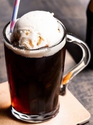 The image shows a glass of root beer with a scoop of vanilla ice cream and vanilla syrup