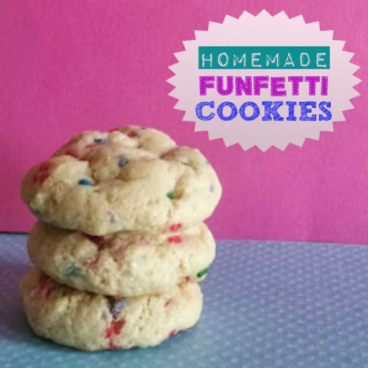 A close-up photo of a stack of funfetti cookies. The cookies are soft and chewy with sprinkles throughout. The sprinkles are brightly colored and include pink, blue, yellow, and green. The cookies are sitting on a white plate.