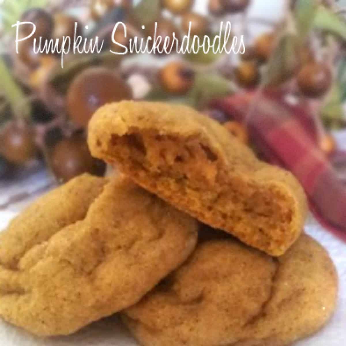  A plate of pumpkin snickerdoodles. The cookies are round and golden brown, with a crackly cinnamon sugar topping. A few of the cookies are broken in half, revealing a soft and chewy interior.