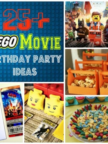 A collage of photos of a Lego Movie birthday party. The photos show a Lego-themed table with colorful balloons and streamers, a Lego building station with various Lego bricks and mini-figures, and a Lego cake decorated with Lego frosting and gummy candy toppings. There are also photos of children dressed up as Lego Movie characters, playing Lego-themed games, and enjoying Lego-shaped cookies.
