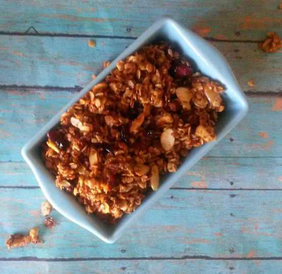 skillet granola with cranberries raisins oats and sugar