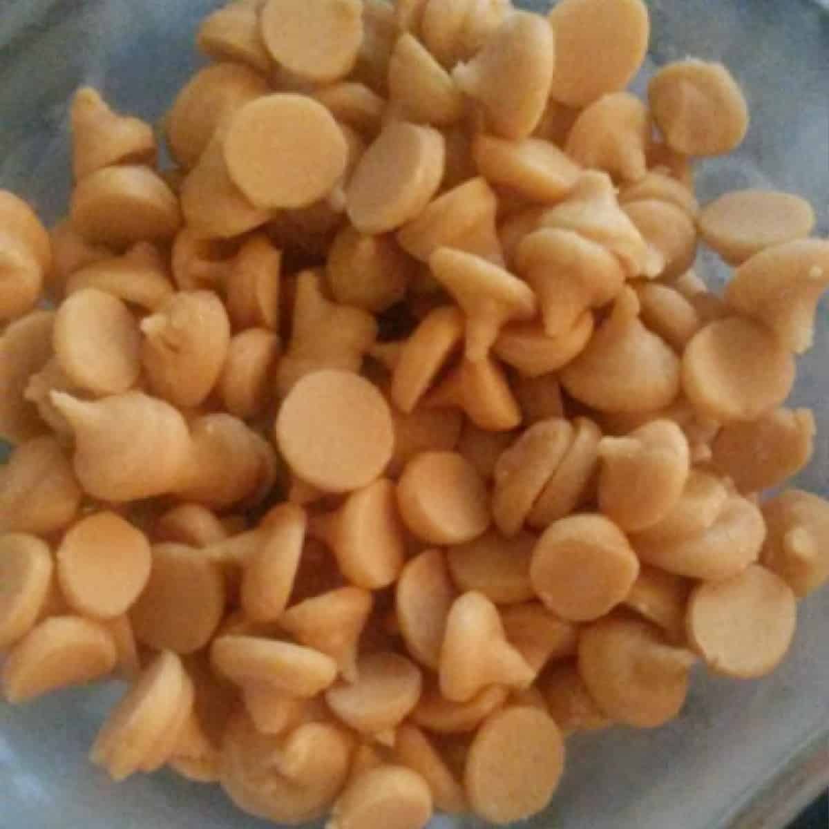 A close-up photo of a bowl of nut butter chips. The chips are small and round, with a light golden brown color and a slightly bumpy texture. Some of the chips are melted, revealing their creamy nut butter interior.