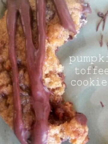Pumpkin toffee cookies are a delicious and festive treat that is perfect for fall. They are made with pumpkin puree, toffee bits, and warm spices like cinnamon and nutmeg. The cookies are soft and chewy with a slightly crispy edge. They are perfect for serving on a plate or enjoying with a cup of warm milk.