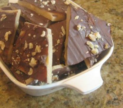 a delicious buttery english toffee topped with chocolate and walnuts