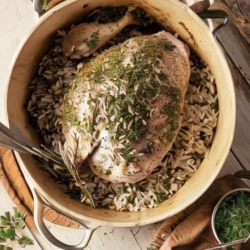 A pot of pheasant and wild rice with garlic herb steam packet on a wooden table.