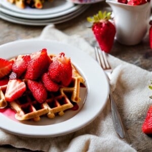 Alt image description: A close-up of a plate of quinoa waffles topped with strawberries and maple syrup. The waffles are golden brown and fluffy, and the strawberries are bright and juicy. The maple syrup is drizzled over the waffles and strawberries, adding a touch of sweetness.