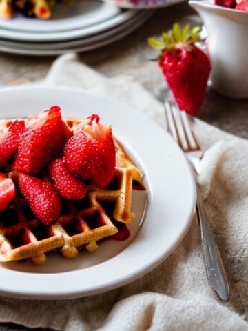 quinoa waffles topped with sliced strawberries