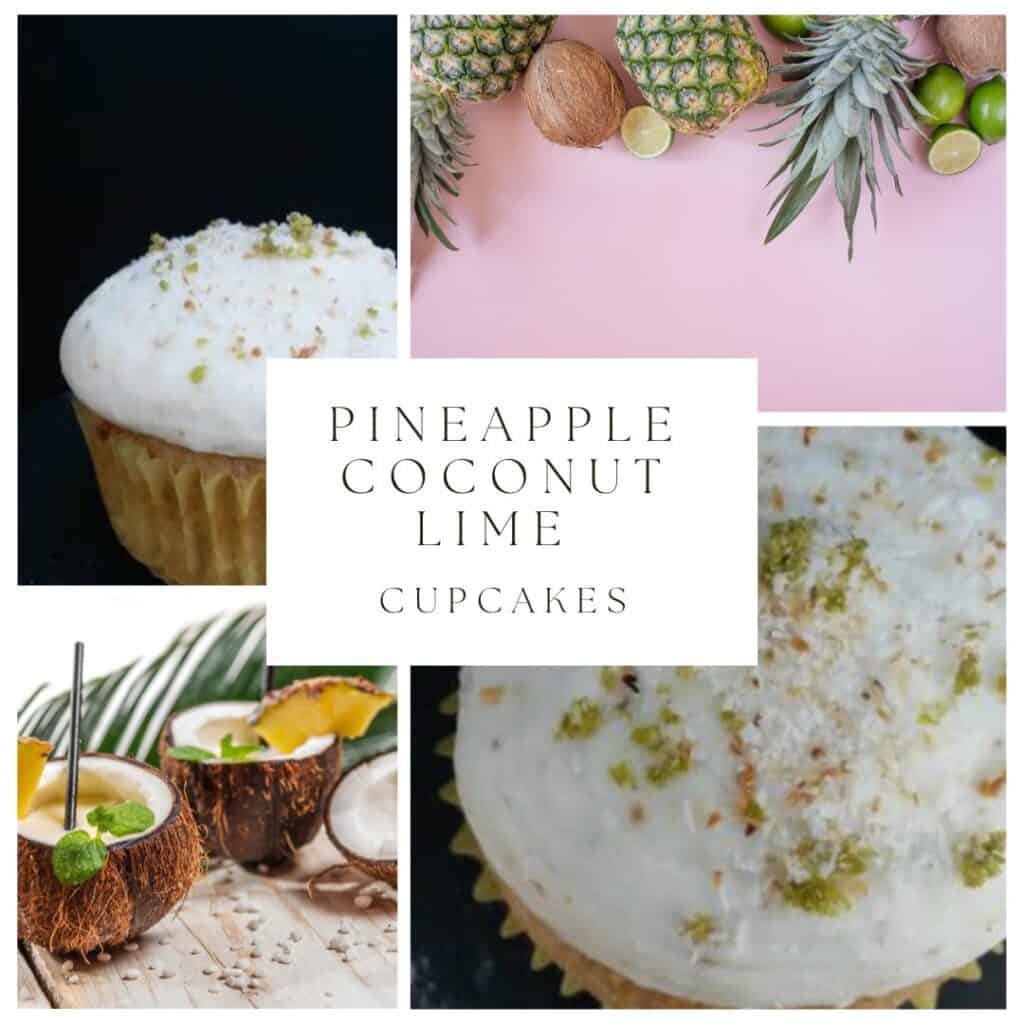 a picture collage of pineapple coconut lime cupcakes. the cupcakes are white and topped with lime zest and toasted coconut. 