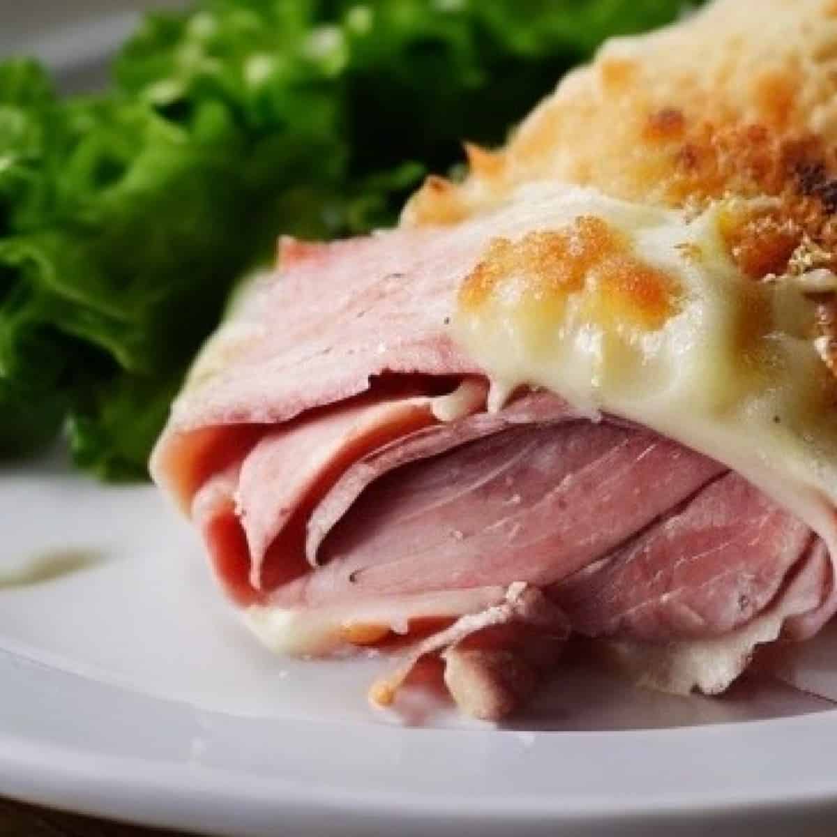 A close-up photo of a piece of chicken cordon bleu on a plate. The chicken is breaded and fried, and it is oozing with melted swiss cheese and ham. 