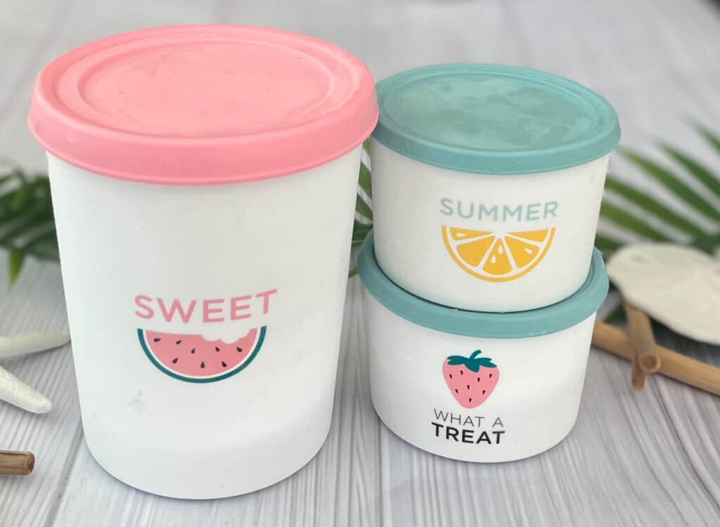 a picture of three freezer safe ice cream containers. the containers are summer themed with different colored lids 