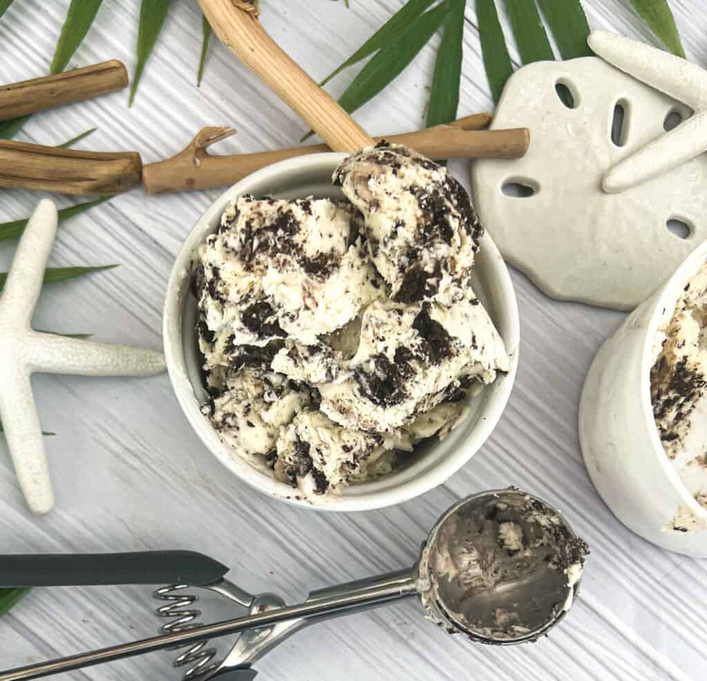 This image shows a scoop of dairy free heavy whipping cream ice cream. The ice cream is made with a plant-based cream substitute. It is a vegan and lactose-free alternative to traditional ice cream. The ice cream is smooth and creamy, and it has a slightly sweet flavor. 