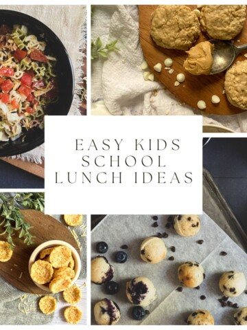 Image of a variety of kids' school lunch ideas. pancake bites, pasta, corn chips and cookies are shown in the picture.