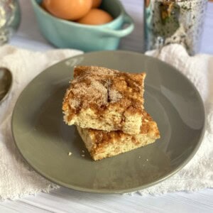 Snickerdoodle sheet pan breakfast is a bar-shaped cake with a crumbly coffee cake-like texture. It is flavored with cinnamon and sugar throughout and has a cinnamon sugar streusel topping