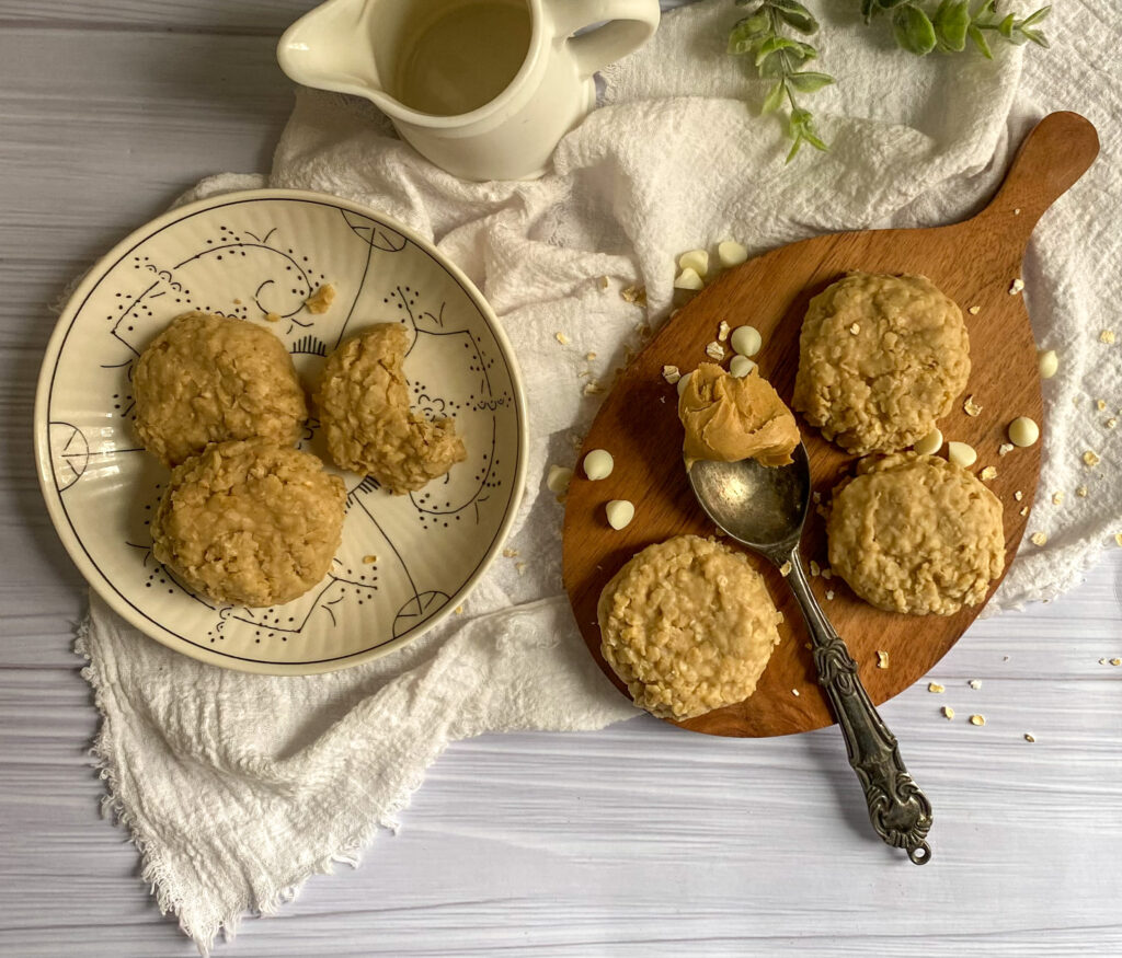 peanut butter white chocolate chip oatmeal no bake cookie gluten free dairy free