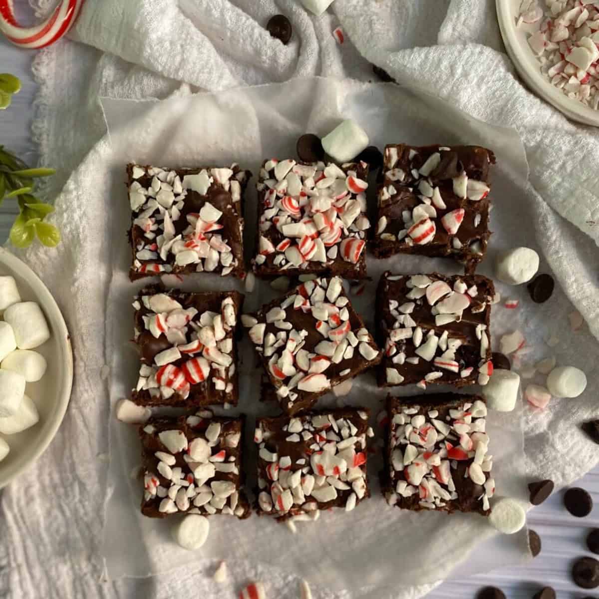 The image shows a plate of fudge cut into squares. The fudge is dark brown and is topped with crushed candy canes. There are also marshmallows and chocolate chips scattered around the plate. The image looks delicious and festive, perfect for the holiday season.