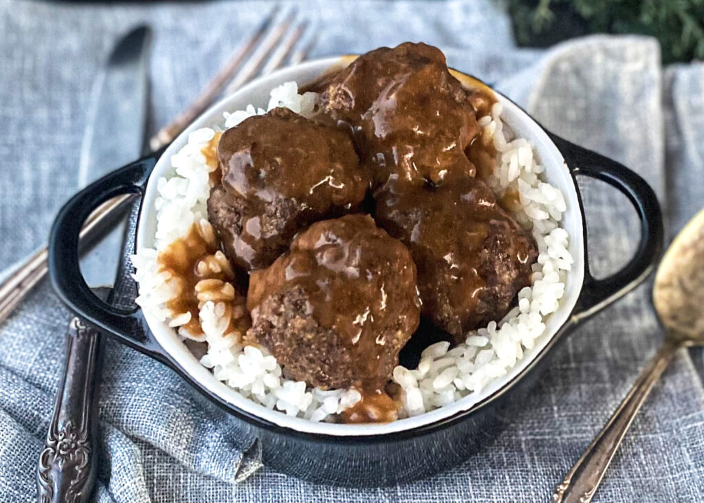 meatballs brown gravy rice dairy free gluten free egg free soy free under thirty minutes three ingredient meal