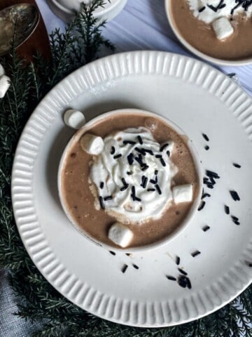 A white ceramic mug filled with frothy hot chocolate for dogs. The mug is sitting on a white plate with a few whipped cream and marshmallows on top