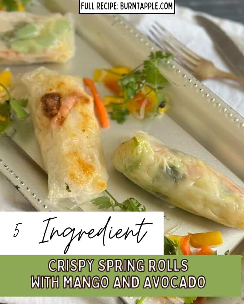 A tempting platter of three crispy spring rolls, their golden-brown wrappers glistening under the light. Fresh cilantro and colorful vegetables add a vibrant touch to this appetizing dish