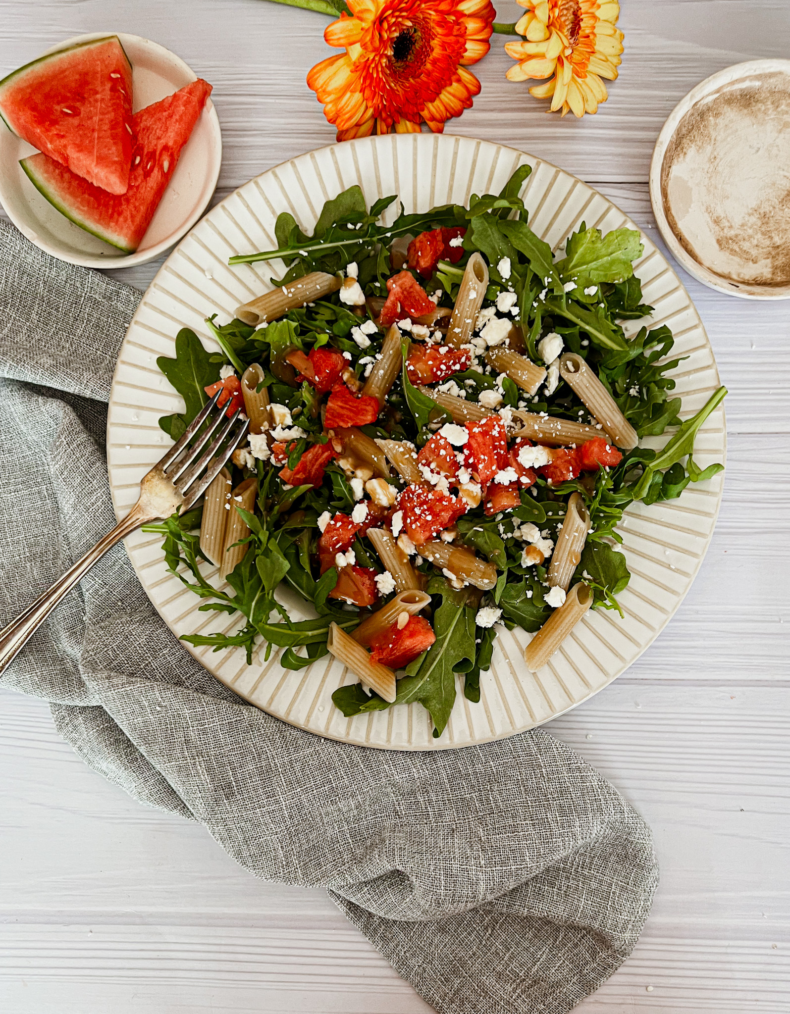 Five Ingredient Watermelon Feta Pasta Salad - Burnt Apple