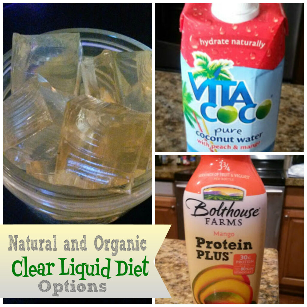 a photo of some natural and organic clear liquid diet options for colonoscopy prep or diet needs. A picture of a shake, coconut water and jello are pctured. 