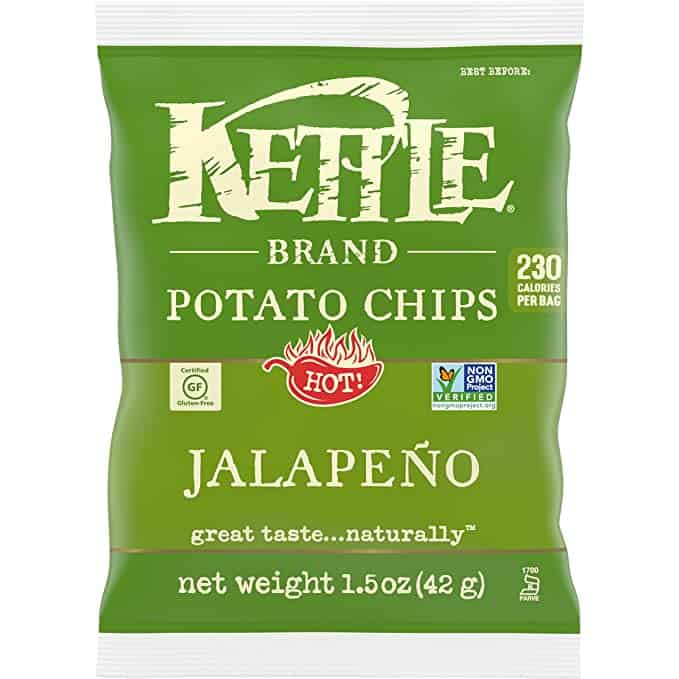 A bag of kettle chips, made from potatoes and oil, with a crunchy texture and a salty flavor. 