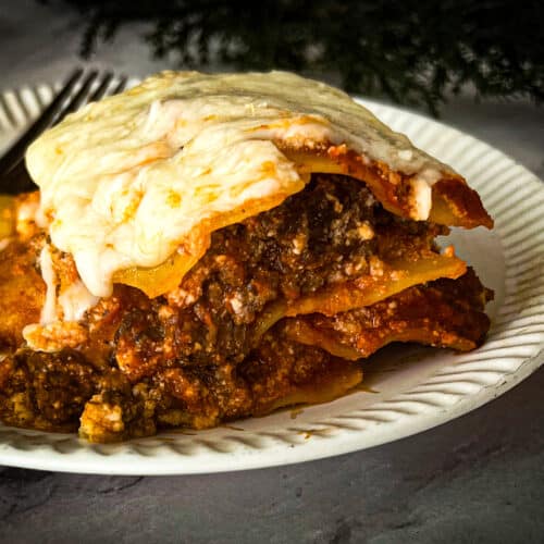 Image of a five ingredient gluten free lasagna dish. The lasagna is made with layers of pasta, tomato sauce, ricotta cheese, mozzarella cheese, and Parmesan cheese. The dish is baked in a oven until golden brown and bubbly.