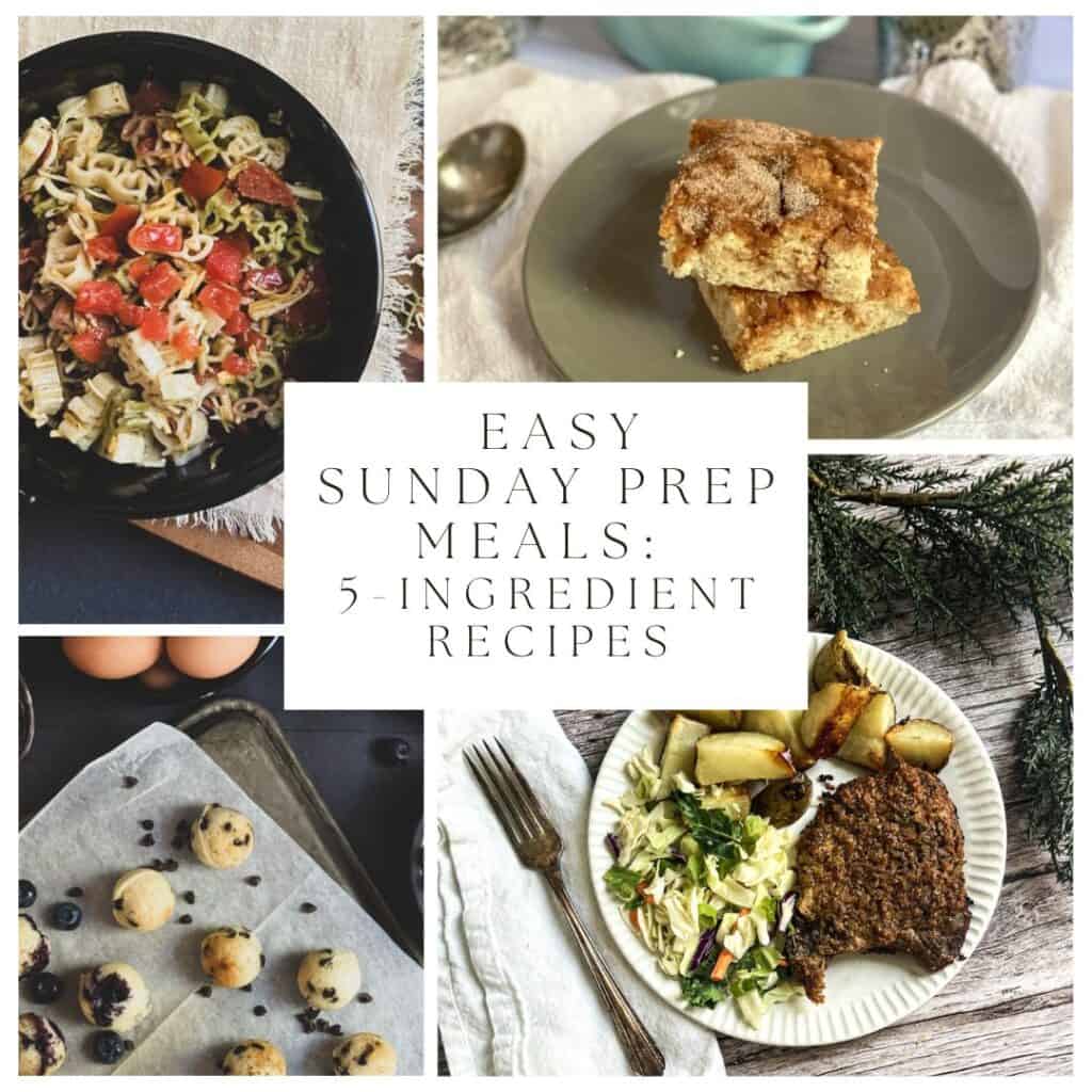 The image displays a well-organized meal prep setup for an easy Sunday meal. there are several different meals featured that contain five ingredients or less for easy sunday prep meals. 