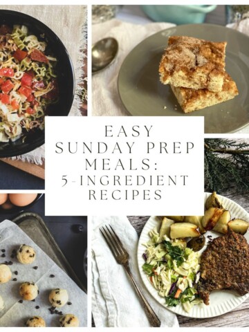 The image displays a well-organized meal prep setup for an easy Sunday meal. there are several different meals featured that contain five ingredients or less for easy sunday prep meals.
