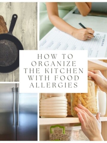 how to organize the kitchen with food allergies A kitchen pantry with shelves labeled for different food allergens, such as peanuts, tree nuts, wheat, dairy, soy, eggs, and fish.