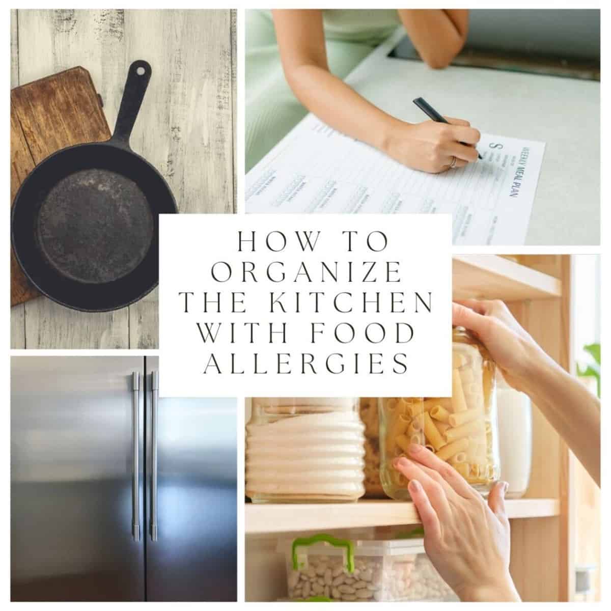how to organize the kitchen with food allergies A kitchen pantry with shelves labeled for different food allergens, such as peanuts, tree nuts, wheat, dairy, soy, eggs, and fish.