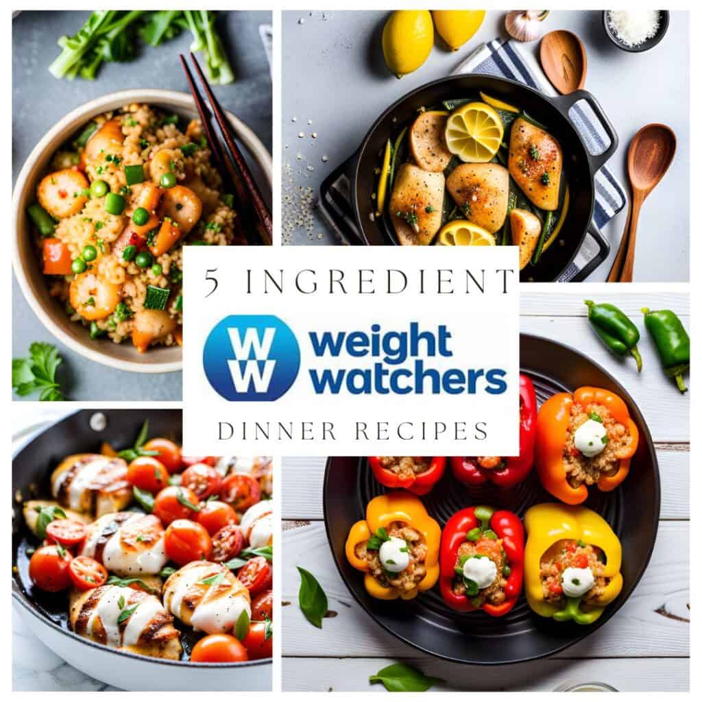 a picture of the weight watchers logo and five ingredient weight watcher dinner recipes. A photo of lemon chicken, stuffed peppers with turkey marinara and quinoa are pictured. A chicken caprese plate is also pictured. 