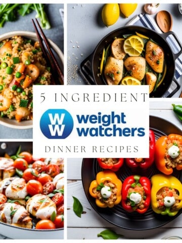 a picture of the weight watchers logo and five ingredient weight watcher dinner recipes. A photo of lemon chicken, stuffed peppers with turkey marinara and quinoa are pictured. A chicken caprese plate is also pictured.