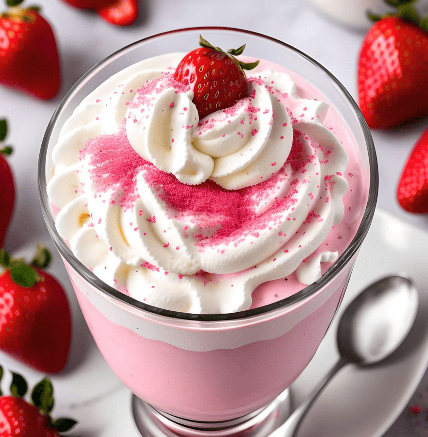 a photo of Barbie pink dream milkshake with strawberries, ice cream, milk and edible pink sprinkles and topped with whipped cream. 