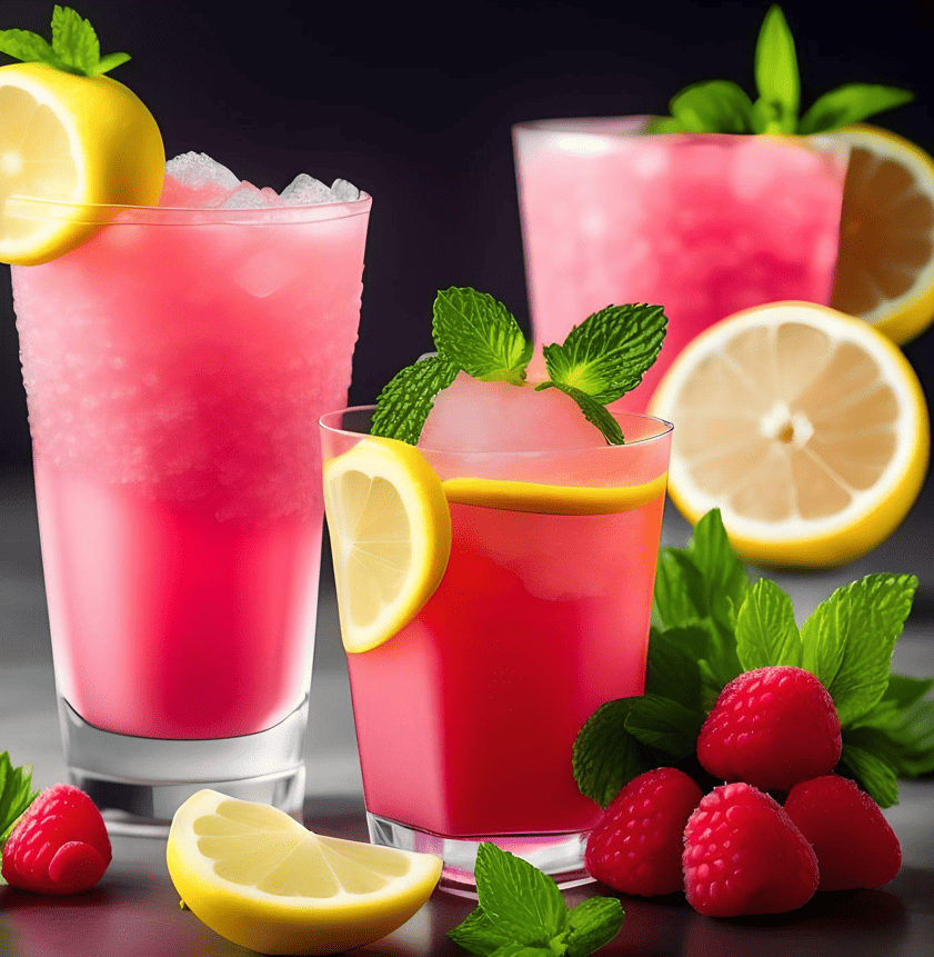 a photo of a barbie pink lemonade slushie with lemon slices, raspberries, strawberries, and mint leaves. 