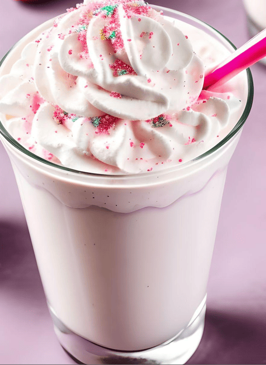 a picture of a barbie pink ice cream milkshake. The shake is pink with a pink straw and pink edible sprinkles on top. 