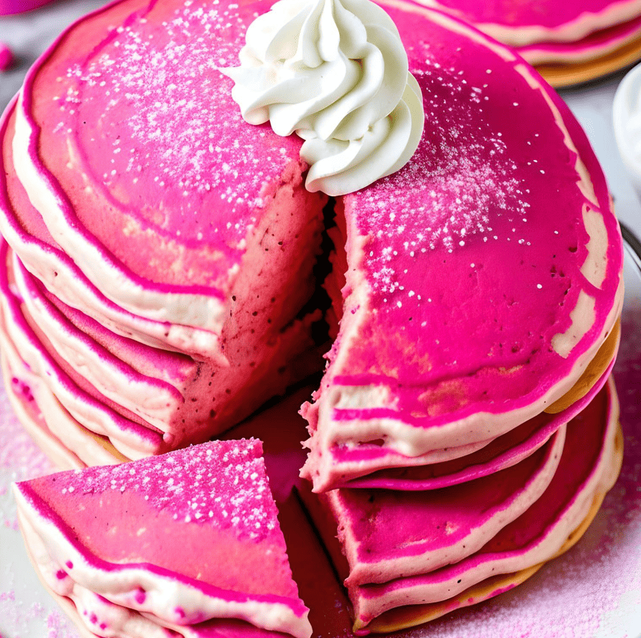 Enjoy bright pink Barbie pink pancakes topped with whippe cream and edible pink sprinkles for the Barbie movie release! 